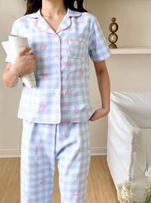 SHEIN 两件套少女杏色可爱樱桃印花宽松长裤和短袖上衣，休闲舒适家居服 - 彩色 - 查看 3