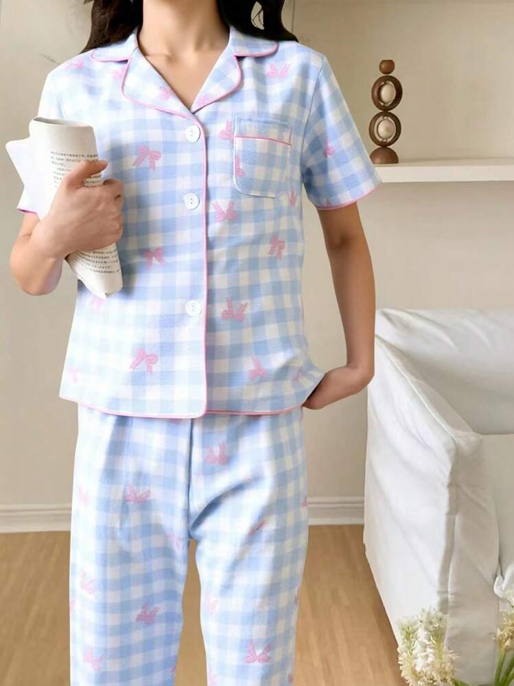 SHEIN Elladie kids 2pcs Set Tween Girl Apricot Cute Cherry Print Loose Long Pants & Short Sleeve Top, Casual & Comfortable Home Outfits - Multicolor - View 3