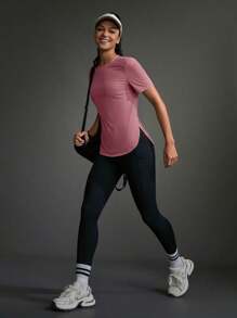 Exploreva Áo thun tập thể dục cổ tròn tay ngắn màu trơn dành cho nữ - Màu tím  Violet - Xem 6