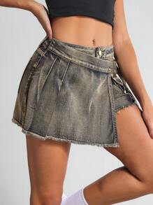 SHEIN Tall 女士做旧牛仔裹身工装短裤 - 藍色 - 查看 3