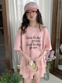 DAZY 青少年女孩标语印花落肩 T 恤和休闲迷你裙两件套，女孩夏季服装，返校服装 - 粉色 - 查看 4