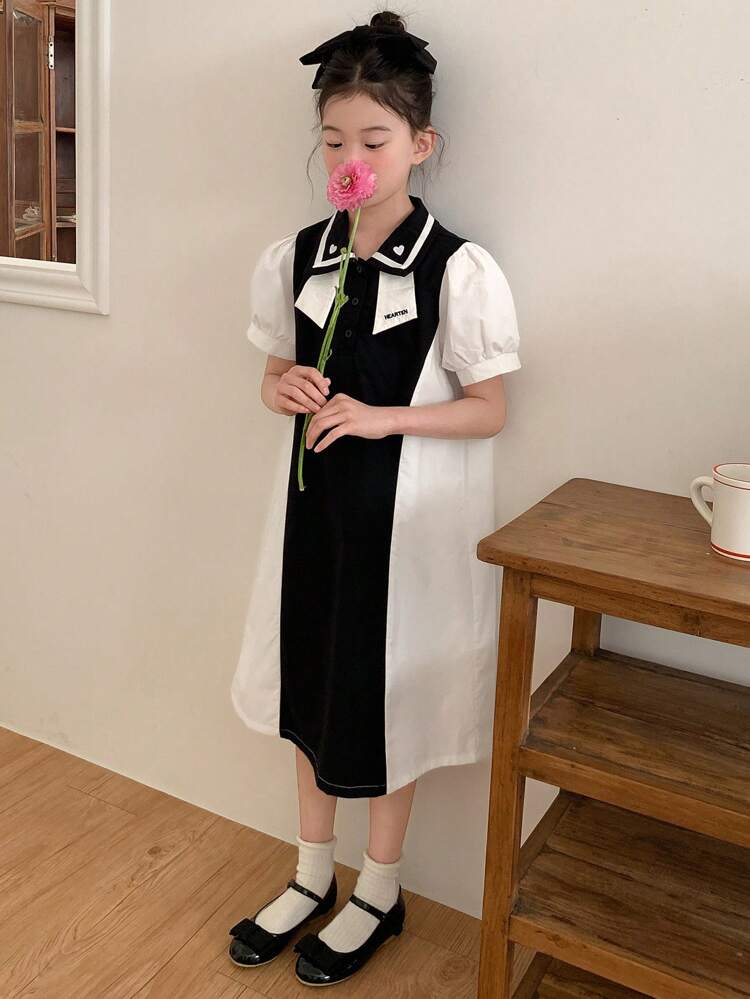 Tween Girls Colorblock Lapel Short Sleeve Casual Dress, Summer