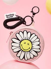 SmileyWorld® | SHEIN 1 chiếc ví đựng tiền xu tròn có họa tiết mặt cười dễ thương, khóa kéo, kèm dây đeo co giãn, có thể treo vào túi xách, phù hợp cho người lớn, có thể đựng tiền xu, thẻ ID, son môi, chìa khóa, vật dụng nhỏ, hình mặt cười, hoa cúc. - Bụi hồng - Xem 2