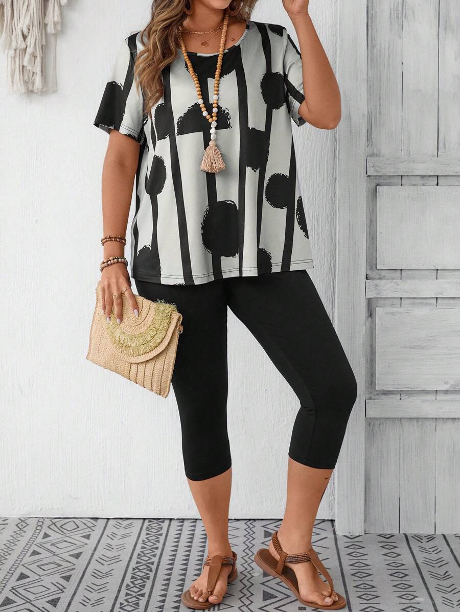 EMERY ROSE Plus Size 2pcs/Set Women Polka Dot Short Sleeve T-Shirt And Elastic 3/4 Length Leggings