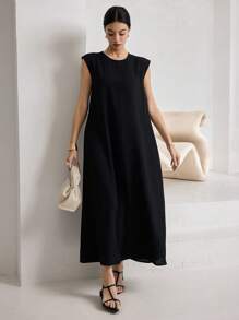Heiryn Women's Solid Color Black Round Neck Simple Long Arabic Style Dress, Casual Vacation ,Black Dress