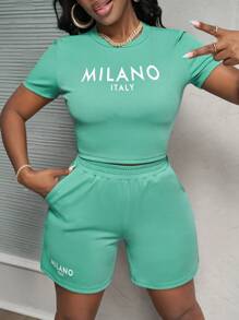 Slaydiva Nieuwe casual en eenvoudige basis lente en zomer ronde hals korte mouwen milano cropped t-shirt + kwart broek joggingbroek blauwe textuur stof dames tweedelige set-A