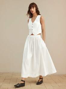 Ontre 2 件套女士无袖纯色夹克和中长裙套装，简约优雅，办公室/休闲，夏季，宽松舒适，白色