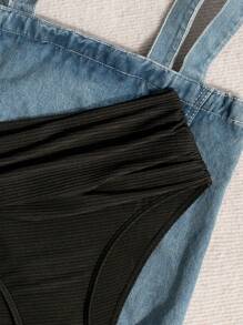 Swim Basics Women's Textured Fabric Solid Color Twisted High Waist Tummy Control One-Piece Swimsuit For Summer Beach Vacation - Black - View 7