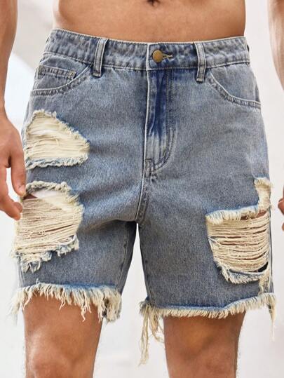 Manfinity BRENVOR Herrshorts med slitna, tvättade jeans för sommaren, emo-stil