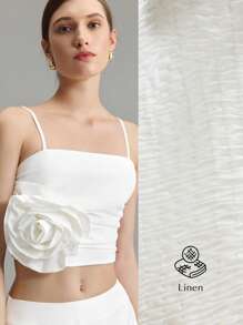 Ontre 2025 Nieuwe dames mouwloze bustiertop, witte linnenmix bloemenapplicatie croptop, bruiloftsfeeststijl casual dagelijkse kleding