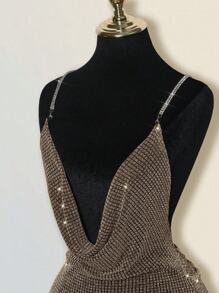 SHEIN ICON 性感低胸水钻装饰露背交叉开衩迷你连衣裙 - 金色 - 查看 5