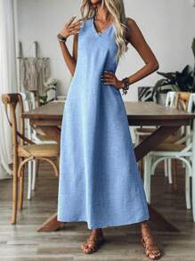 大码女式简约通勤长裙 - 淺藍色 - 查看 4