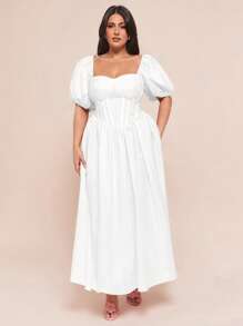 SHEIN BAE 女士大码服装 婚纱 伴娘服 迷你裙 派对服 约会服 节日服 大码女装夏季 大码女装夏季甜美泡泡袖罩杯细节蓬松长款连衣裙，女士夏季连衣裙，长裙 - 白色 - 查看 6