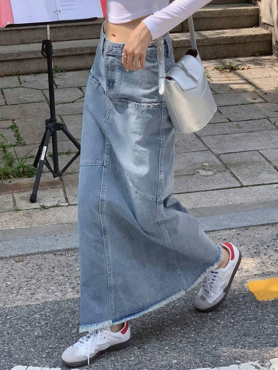 DAZY 浅色水洗牛仔直筒半身裙，撞色拼接，毛边下摆