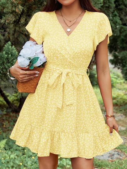 SHEIN Frenchy Summer Women's Floral Print Belted Dress Yellow New Year Beach Vacation Holiday Resort