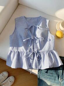 SHEIN PETITE CURVE Plus Size Women Striped Front Tie Ruffle Hem Sleeveless Blouse - Blue and White - View 3