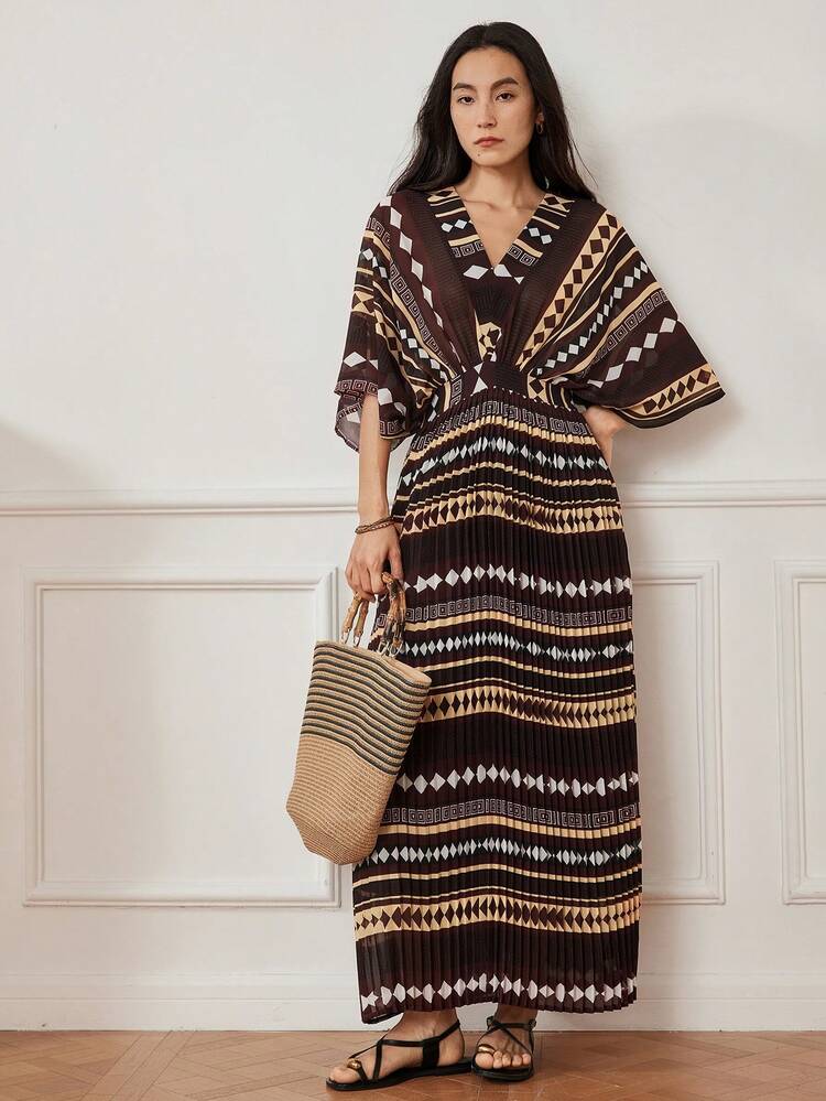 V-Neck Waisted Boho Style Geometric, Striped, And Allover Print Summer Midi Dress For Women