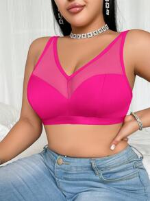SHEIN Plus Size Minimalism Wireless Curve Bralette, Rose Red Holiday Hot Pink Summer - Hot Pink - View 3