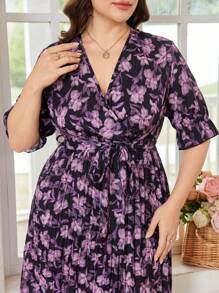 Modelyn Vestido Longo Elegante de Estampa Floral Plus Size Feminino - Roxo - Visão 3