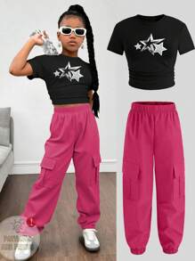 Tween Girl 5-Star Print Short Sleeve T-Shirt And Cargo Pants 2-Piece Set - Hot Pink - View 1