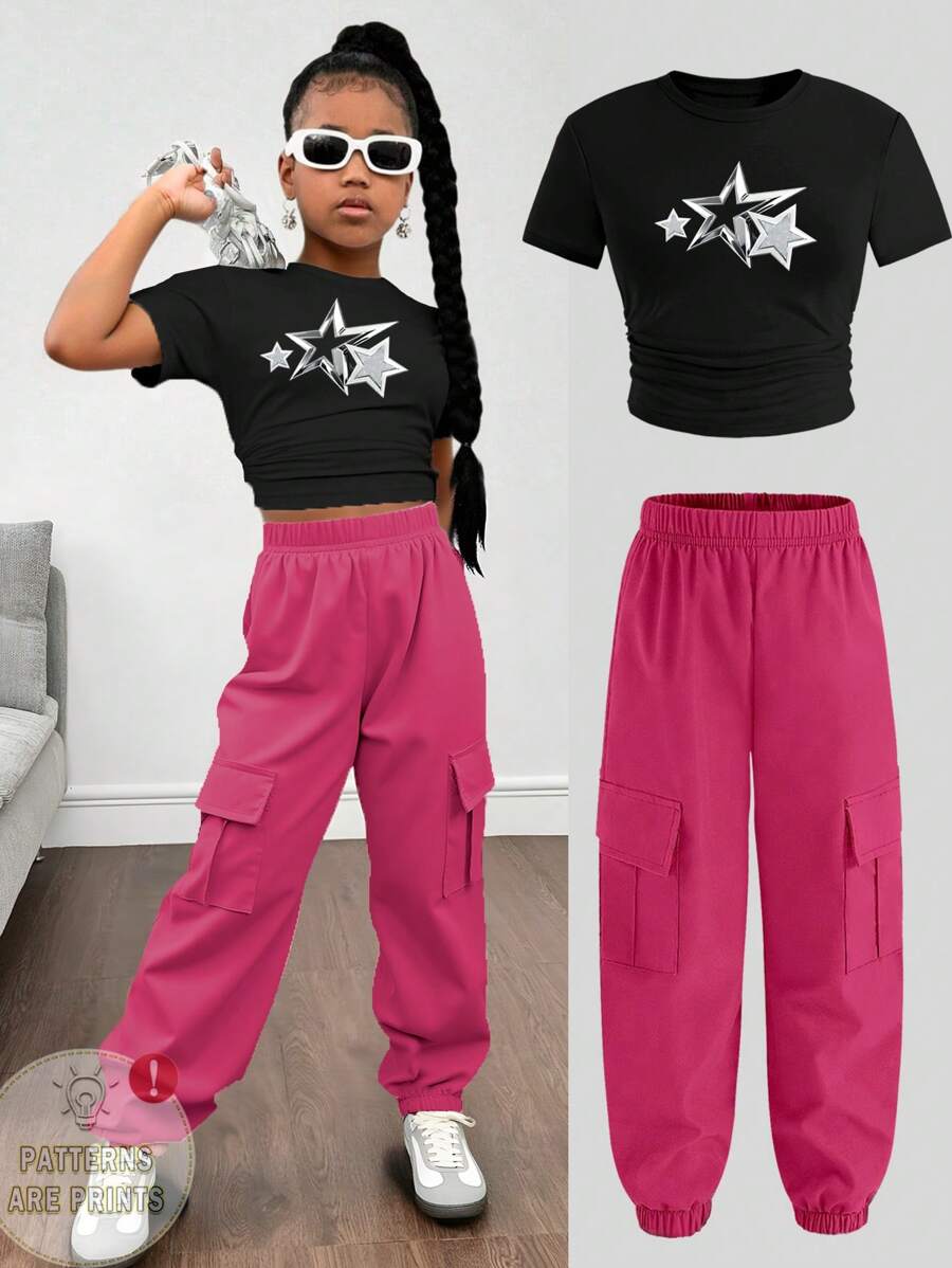 Tween Girl 5-Star Print Short Sleeve T-Shirt And Cargo Pants 2-Piece Set - Hot Pink - View 1