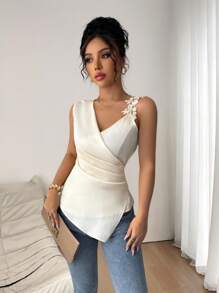 SHEIN PETITE Women Satin Sleeveless Asymmetric Lace Trim Camisole Top - Apricot - View 3