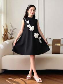 SHEIN Vestido sólido de punto con decoración de flores 3D, corte en bloque de color holgado y volantes, diseño de cuello alto entallado, elegante y casual, para niñas preadolescentes