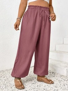 SHEIN Frenchy Pantalones informales de unicolor con cordón para tallas grandes - Rosa vieja - View 1