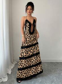 Breezaya Váy đi biển hở lưng họa tiết da báo đen viền ren - màu nâu - Xem 5