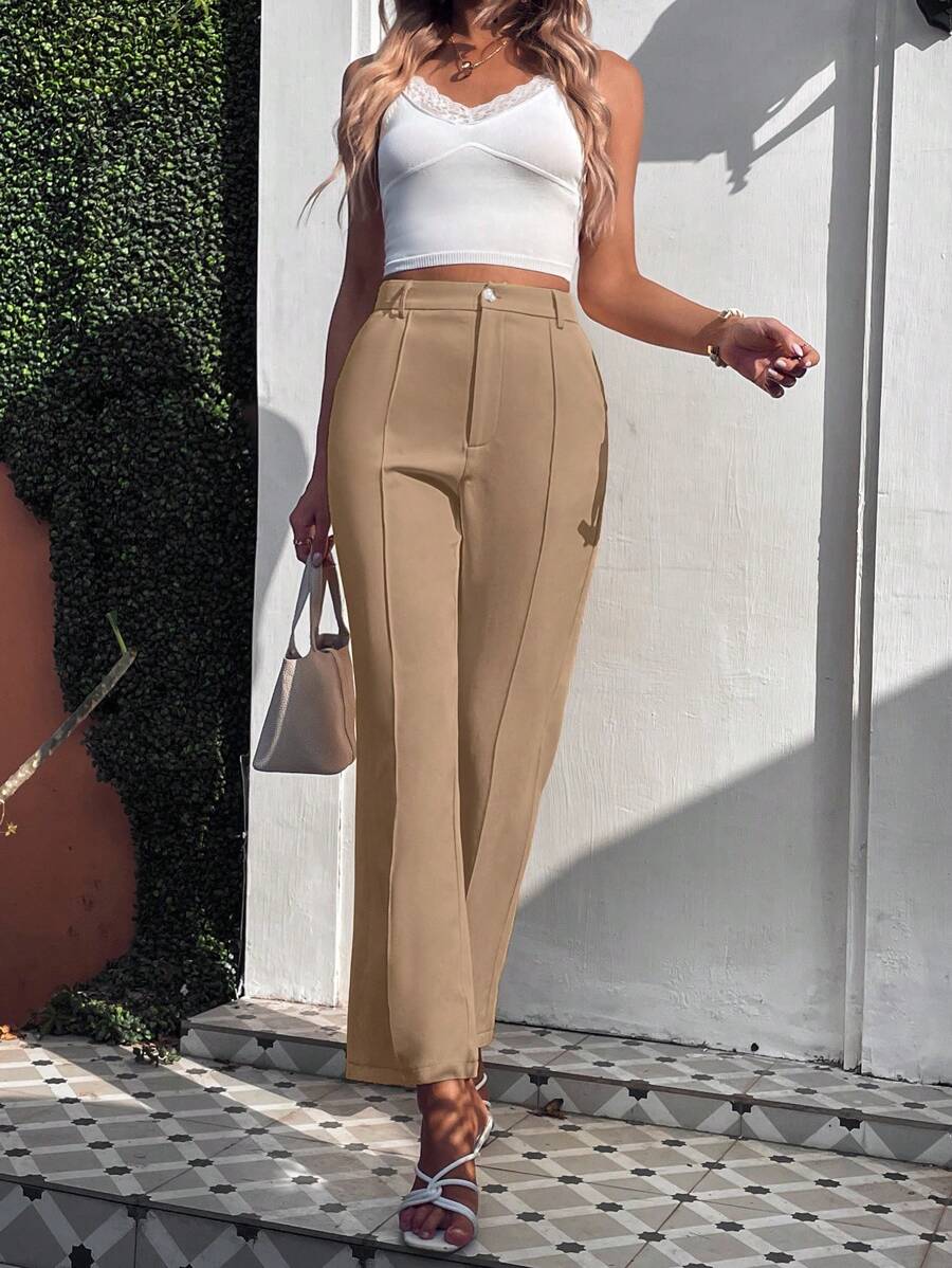 SHEIN Clasi Women Casual High-Waisted Solid Color Suit Pants, Suitable For Office Commute - Champagne - View 1