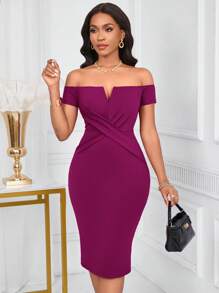 Lunelith SHEIN Lunessa 女式露肩V领修身连衣裙 - 紫色 - 查看 4