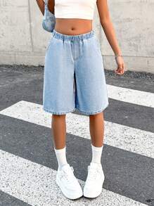 SHEIN Teen Girls Spring Summer Break Casual Elastic Waist Baggy Soft Denim Long Jeans Shorts,Girls Summer Beach BohO Vacation Concert Rave Outfits - Light Wash - View 6