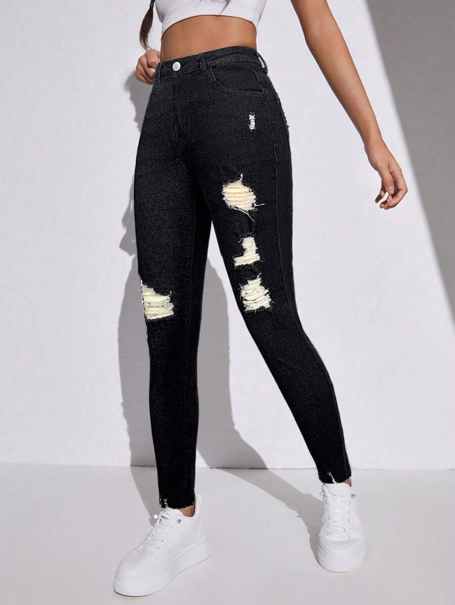 SHEIN Black Ripped Skinny Denim Jeans For Teen Girls, Featuring A High-Waisted Design, Zipper Fly, And Stylish Distressed Details Perfect For Streetwear. - Black - View 1