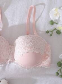 DelicateAllure Floral Lace Push-Up Balconette Underwired 1/2 Cup Strapless Lingerie Bra, Pink & White, Suitable For Holiday & Party, Kawaii - Pink - View 3