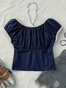 Teen Girls Blue Color Block Shoulder, Chest Ruched, Fitted, Casual, Collegiate, Woven Blouse, Versatile Shirt