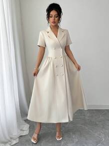 Elenzga 女士简约优雅高端时尚休闲/正式夏季连衣裙，金属纽扣腰部 A 字设计，适合通勤、度假、下午茶、派对、办公室