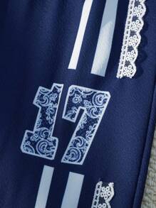 Girls' Casual Letter Print Drawstring Shorts, Summer - Navy Blue - View 2