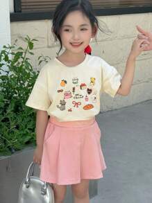 DAZY Set de 2 piezas para niñas con camiseta de punto de manga corta y cuello redondo estampada y falda de verano