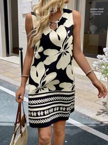 SHEIN LUNE 1pc Women's Casual Sleeveless Patterned Short Vacation Dress Summer Outfits For Women Summer Dresses For Women Vacation Outfits Woman Vacation Outfits Women Vacation Dress Boho Women's Clothing Dresses For Women Strapless Dress,Shirt Dresses For Women,Bohemian Clothes
