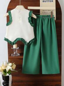 SHEIN 2pcs/Set Girl Frill Trim Round Neck Sleeveless Top And Wide Leg Pants Casual Outfit - Dark Green - View 2