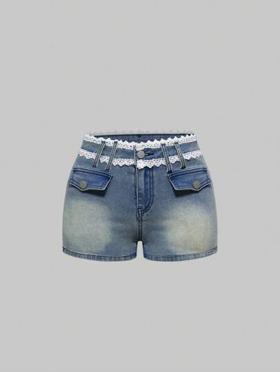 J-Fashion Lace Trim Sexy Mini Women Denim Shorts