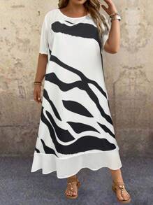 EMERY ROSE Plus Size Women's Short Sleeve Colorblock Printed Vacation Casual Blue And White Striped Dress - White - View 3