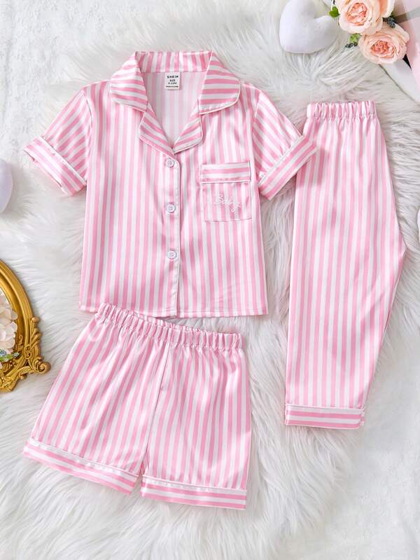 Conjunto de 3 piezas de top de manga corta y pantalones con estampado de rayas y color sólido para bebé niña, para primavera/verano