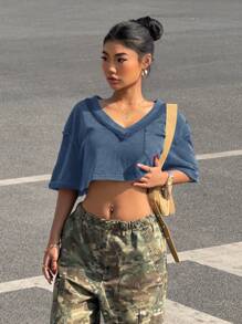 Muchica 女士蓝色针织短款T恤 - 藍色 - 查看 5