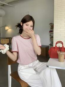 DAZY Women Stripe Casual Round Neck Short Sleeve T-Shirt, Summer Cute Tops, Back Top School - Red - View 5