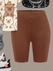 SHEIN Set de 2 piezas con camiseta de manga corta holgada y shorts con estampado tierno de capibara en color Mellard, adecuado para adolescentes y verano
