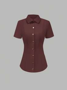 Kemeja Kasual Musim Panas untuk Perjalanan Harian Lengan Pendek Warna Polos Potongan Slim Fit - Redwood - View 7