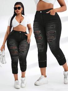 SHEIN SXY Plus Size Women Stretchy Blue Denim Ripped Ankle Length Jeans Autumn Outfits For Women Festival Outfits  Capris For Women - Black - View 1