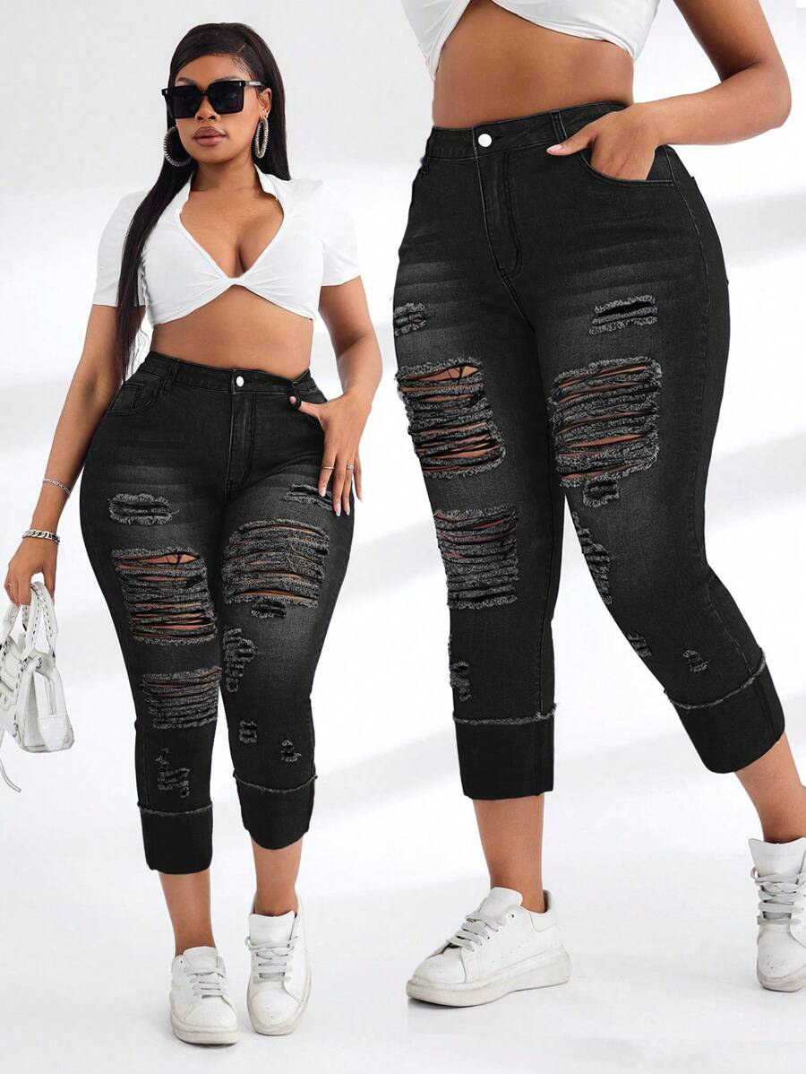 SHEIN SXY Plus Size Women Stretchy Blue Denim Ripped Ankle Length Jeans Autumn Outfits For Women Festival Outfits  Capris For Women - Black - View 1
