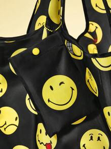 SmileyWorld® | SHEIN 1pc Cute Smiling Face Printed Polyester Foldable Shopping Bag, Tote Bag, Equipped With A Small Storage Bag With A Bead Chain, Can Be Hung On A Bag